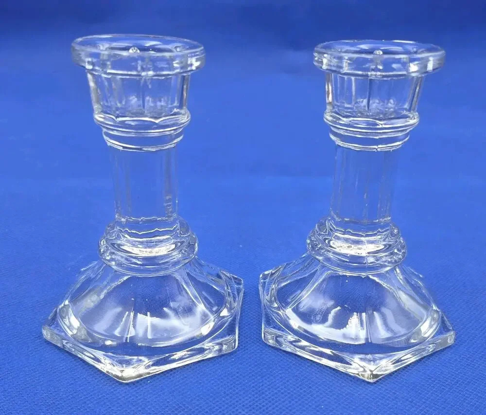 Vintage FTD Clear Glass Taper Candle Holder Hexagon Base 4
